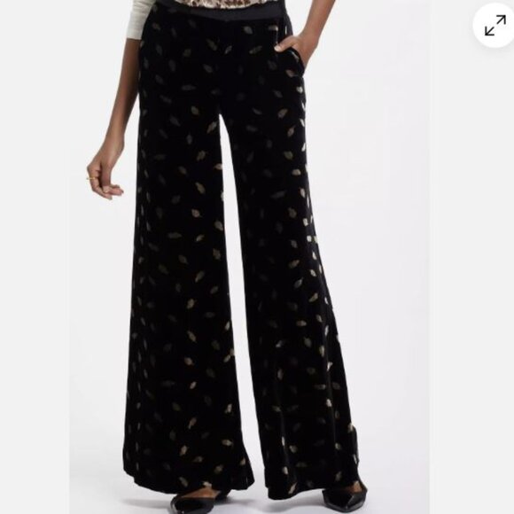 Anthropologie Pants - Anthropologie Elevenses Silk Black Gold Flecked Velvet Wide Leg Pants Size 10